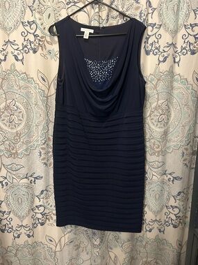 London Times Navy Sleeveless Cowl Neck Midi Dress with Beaded Insets